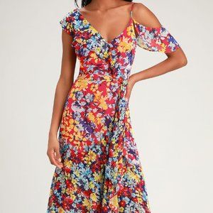Lulus Radiant Ruby Red Floral Print Chiffon Maxi Dress